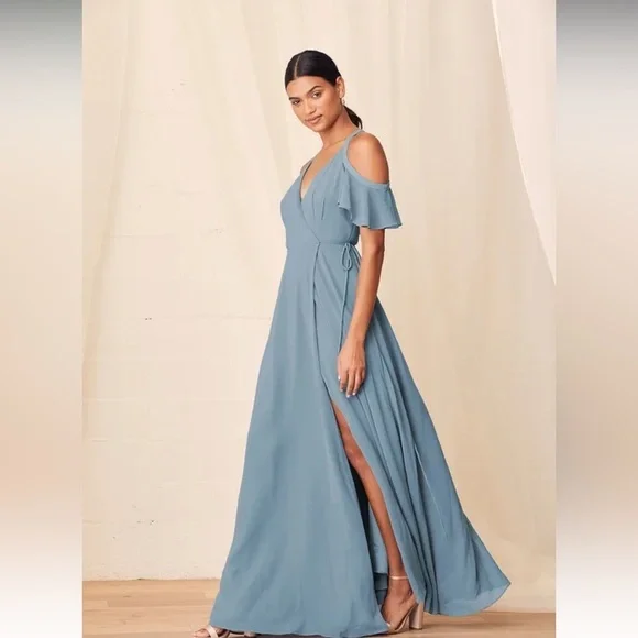 NWT Lulus Easy Listening Slate Blue Cold-Shoulder Wrap Maxi Dress - Picture 4 of 12